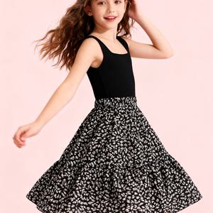 TEMU 미디엄 길이 블랙 플로럴 스플라이스 A라인 여름 휴가 드레스, 패셔너블 소소 프린트 원피스 스커트 (청소년용)