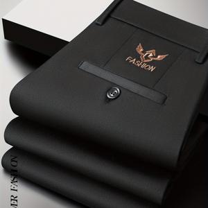 TEMU #6122 EAGLE 남성용 클래식 탄성 레저 데이 출석 이벤트 바지 - 블랙 폴리에스테르 비즈니스 바지, 지퍼, 캐주얼 핏, 중간 허리, 봄/가을 스타일, 캐주얼 의상|우아한 의상|폴리에스테르 소재