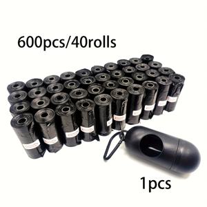 TEMU 600개/40롤 강아지 배변 봉투 (누출 방지) | 디스펜서 및 목줄 클립 포함, 무취, 블랙, 크기 12 x 9인치, 폴리에틸렌 재질