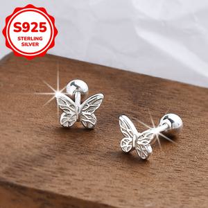 TEMU 일상복, 어버이날, 발렌타인데이, 졸업 선물로 적합한 S925 실버 패턴 나비 스크류 귀걸이 한 쌍, 제품 무게는 약 1.04G입니다.|피어싱