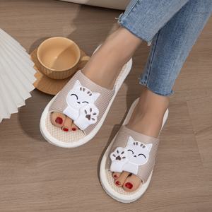 TEMU 여성용 귀여운 만화 고양이 린넨 슬리퍼 – 가벼우면서 편안한 오픈토 디자인, 통기성 좋은 원단, 화이트 & 핑크 색상 선택 가능, 사계절 내내 착용하기 좋음, 캐주얼 신발, 재미있는 패브릭
