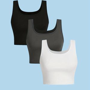 TEMU 3pcs 여성용 캐주얼 통기성 민소매 탱크탑 - 부드러운 스트레치 라운드넥 짧은 길이 탑, 단색 (블랙/다크 그레이/라이트 그레이) - 세탁기 사용 가능 & 사계절용, 스파이럴 디자인, 편안한 핏