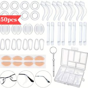 TEMU 50개 안경 고정 키트, 미끄럼 방지 접착 코 패드 12쌍 포함, 라운드 이어 클립 4개 및 실리콘 이어 4개와 안경 다리 보호대 4개 (스크루드라이버 포함)|안경코받침