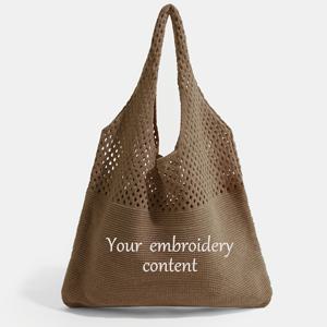 TEMU 맞춤형 크로셰 메쉬 비치 토트백 - 보호 여름 휴가용 개인화 텍스트, 내구성 있는 폴리에스터, 여성용 오픈 탑 & 고정 숄더 스트랩, 해변, 피크닉, 쇼핑 - 맞춤 선물, 모노그램 토트백, 공예 메쉬 토트