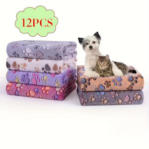 TEMU 12pcs 소프트 플러시 애완 동물 담요 개 및 고양이용 - 기계 세척 가능, 다년간 편안한 동물 프린트 침구, 발 프린트 포함, 소형부터 대형까지의 견종에 적합, 개 침대 담요, 재미있는 애완 동물 디자인, 편안한 애완 동물 침대