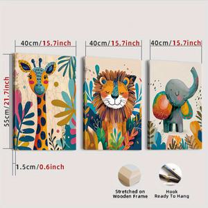 TEMU 액자 포함, 사자와 코끼리, 기린을 담은 3점 세트 캔버스 벽 장식 - 수직형, 인도어 정글 테마, 홈 오피스용 포스터