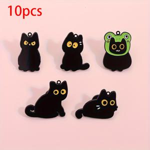 TEMU 10개 세트 만화 블랙 캣 시리즈 아크릴 개성 다용도 동물 액세서리 창의적인 고급 키체인 귀걸이 세트
