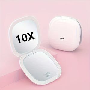 TEMU 1pc 사각형 LED 이중 램프 확대 화장 거울, 3가지 색상 밝기 조절이 가능한 휴대용 거울, 1X/10X 확대 기능, 자석 자동 닫기, 가정용 및 여행용 휴대용 이중면 포켓 거울, 크리스마스, 할로윈 선물 여성용|돋보기