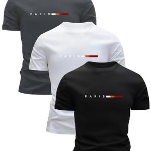 TEMU 3개 남성용 경량 통기성 티셔츠 - 빠른 건조 흡습 라운드넥 상의, 파리 프린트, 올 시즌 캐주얼 & 포멀 웨어, 땀 방지