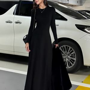 TEMU 여성용 우아한 라인 맥시 드레스 - 겨울용 슬림핏 롱 드레스, 라운드넥, 중간 신축성 원단, 세탁기 사용 가능, 교회, 웨딩 & 특별한 행사용|여성원피스|가을원피스