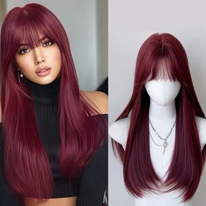 TEMU 여성용 롱 버건디 합성 가발 - 65cm(5'3