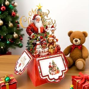 TEMU 빈티지 4단 크리스마스 카드 - 산타, 순록, 트리 디자인 레드 페이퍼 접이식 인사말 카드, 친구 및 가족 파티 초대장용, 영어 언어, 필요 없음