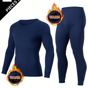 TEMU 남성용 보온 내의 긴팔 티셔츠 & 팬츠 2세트 - 추위 방지 긴팔 베이스 레이어, 따뜻한 겨울 내의, 단색 매칭 세트, 손세탁 가능, 가을/겨울 일상복 및 야외 활동용 - 2