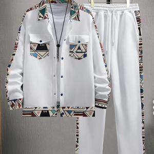 TEMU 남성 캐주얼 화이트 재킷 & 탄성 허리 바지 세트 | 기하학적 노마드 스타일 컬러풀 프린트 오픈 재킷, 패치워크 디자인, 긴소매, 열전사 프린팅, 가을/겨울 외출에 적합