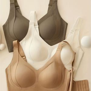 TEMU 3개 세트 여성용 무선 브라 - 풀버스트 지지력과 리프트 기능, 슬립 언더와이어 & 시스루 디자인, 부드러운 나일론/탄성 섬유 혼방 (블랙/베이지/브라운) - 사계절 편안함, 손세탁 가능한 티셔츠 브라, 일상 및 착용용