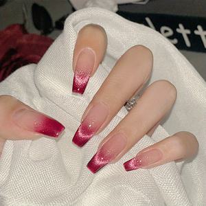 TEMU 24개 레드 캣 아이 글리터 인조 네일 - 중간 크기 코핀 쉐이프, 여성용 풀 커버리지 광택 프레스온 네일, 파티 및 결혼식용 반짝이는 그라데이션 디자인, 일상 착용, 네일 장식, 드라마틱 효과