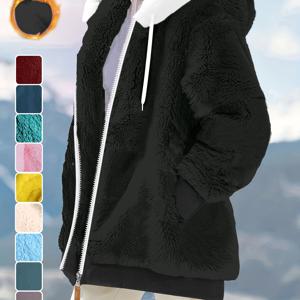 TEMU 플러스 사이즈 지퍼 프론트 퍼지 코트, 겨울용 캐주얼 롱 슬리브 후드 아웃웨어, 여성 플러스 사이즈 의류
