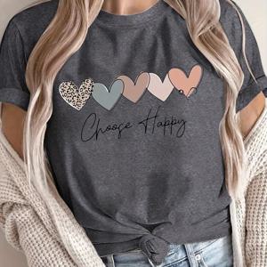 TEMU 플러스 사이즈 하트 & 레터 프린트 티셔츠, 봄 & 여름을 위한 캐주얼 반팔 상의, 여성 플러스 사이즈 의류