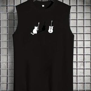 TEMU 남성 & 청소년용 '레드 민소매 티셔츠 - 화이트 & 기타 픽 프린트, 그래픽 여름 캐주얼 라운드넥 반팔 상의, 음악 애호가를 위한 스타일리시 아웃핏 (쉬운 관리)