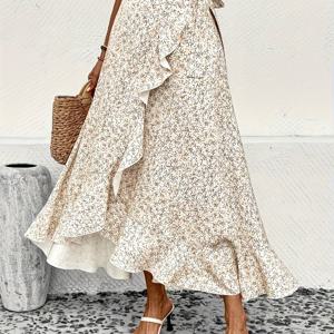 TEMU 여성용 우아한 꽃무늬 맥시 스커트 비대칭 밑단 - 가벼운 폴리에스터, 흰색과 녹색의 꽃 디자인, 봄/여름/가을에 완벽함, 캐주얼부터 포멀웨어까지, 캐주얼 여름복 | 플로랄 프린트 스커트 | 가벼운 원단