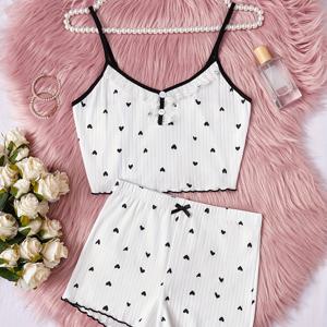 TEMU 여성용 체리 하트 프린트 캐미솔 & 반바지 세트