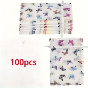 TEMU 100개, 드로스트링 나비 메쉬 포켓, 컬러풀 호일 스탬핑 백, 나비 진주 실 가방, 보석 선물 보관 파우치, 더블 드로스트링 포켓, 소형 선물 포장백, 웨딩 파티 용품