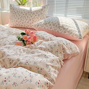 TEMU 3피스 폴리에스터 스몰 프레시 INS 스타일 작은 꽃무늬 세트 1 퀼트 커버 + 2 베개 커버 패브릭 사각 무게 100g