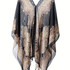 TEMU 플러스 사이즈, 봄/여름 다용도 얇은 패션 프린트 진주 버튼업 숄 탑