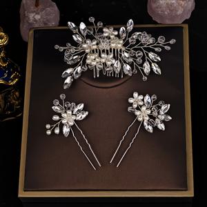 TEMU （3개/팩）숲 스타일 다용도 진주 라인스톤 꽃 수제 헤어 콤 헤어핀 세트 사진 촬영 웨딩 드레스 헤어핀 헤어 액세서리