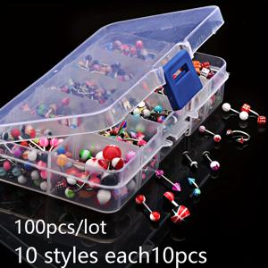 TEMU 100개 꾸러미 섞은 피어싱 장신구 세트 케이스 포함, 10가지 스타일 - 남녀 공용 스포츠 스타일 얼굴 피어싱, 입술, 눈썹, 코용 스테인리스 스틸 무도금 바디 장신구