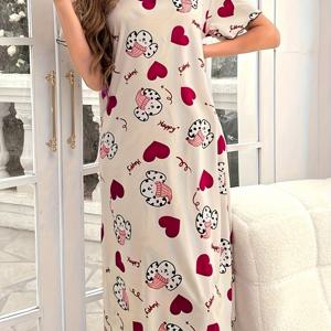 TEMU 여성 귀여운 만화 & 하트 프린트 잠옷 드레스, 반팔 라운드넥 루즈핏 티셔츠 드레스, 편안한 나이트가운