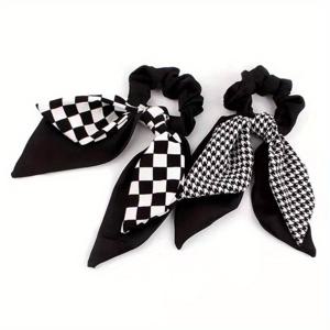 TEMU 2-팩 빈티지 스타일 헤어 스크런치 세트, 블랙 앤 화이트 하운드투스 & 체커드 패턴, 여성용 패브릭 나비 매듭 헤어 타이, 하이 포니테일 거치대, 레트로 심플 헤어 액세서리