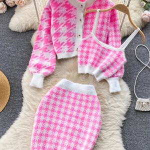 TEMU 여성용 가을 겨울 의상 세트 3피스 - 핑크 & 화이트 기하학 패턴 가디건, 긴팔 탑 & 미니 스커트, 캐주얼 스타일의 한국식 캐주얼 시크한 복장, 편안한 옷 | 기하학 패턴 탑 | 건축, 스웨터 세트