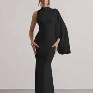 TEMU 시크한 원숄더 긴팔 바디콘 드레스 - 섹시한 라운드 넥, 저녁 및 나이트클럽 착용에 완벽