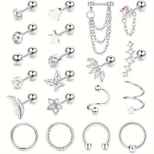 TEMU 여성용 20개 세트 트라구스 피어싱 쥬얼리 포워드 헬릭스 귀걸이 수술용 스틸 연골 스터드 귀걸이 후프 큐빅 지르코니아 데이스 콘치 헬릭스 피어싱 쥬얼리