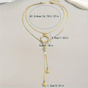 TEMU 1개의 우아한 빈티지 스타일 Y자형 이중 레이어 원형 술 장식 목걸이, 조절 가능한 18K 금 도금 스테인리스 스틸 펜던트 여성용, 일상 착용 및 파티에 이상적, 데이 선물에 완벽합니다.