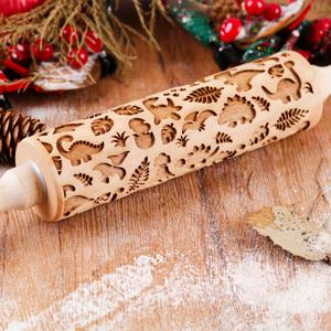 TEMU 1개 13.7인치 나무 공룡 패턴 엠보싱 롤링핀, 동물 무늬 쿠키 및 페이스트리 엠보싱, 크리스마스 파티 선물, 도자기 제작용