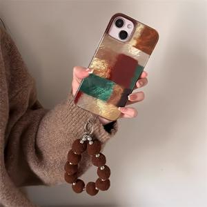 TEMU 아이폰 11 12 13 14 15 프로 맥스용 레트로 브라운 레드 컬러 블록 폰 케이스와 퍼 볼 폰 체인