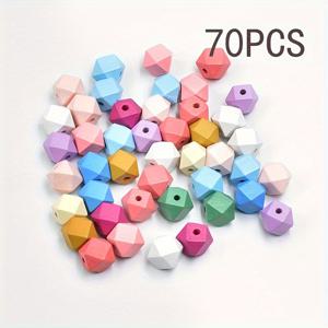 TEMU 70개 나무 비즈 세트, 기하학적 면상 캔디 컬러 나무 비즈 DIY 공예, 쥬얼리 만들기, 미술 용품, DIY 비즈 쥬얼리 만들기, 팔찌 및 화환 장식 비즈