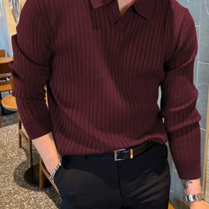 TEMU 남성용 캐주얼 솔리드 컬러 칼라 니트 셔츠 - 스트레치 V넥 긴팔 풀오버 스웨터, 가을 겨울용, 레귤러 핏, 중간 신축성, 시즌 패션, 통기성 소재, 스타일리시 니트웨어