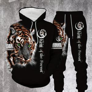 TEMU 장엄한 호랑이 프린트 남성 후드티 & 스웨트팬츠 세트 - 캐주얼하고 편안한 폴리에스테르 긴팔, 캥거루 포켓, 세탁기 사용 가능 - 봄/가을에 이상적