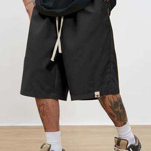 TEMU 남성 캐주얼 루즈핏 미디 길이 반바지, 대비되는 드로스트링 허리 & 사이드 포켓 - 단색, 신축성 없는 원단, 스트리트웨어 & 출퇴근, 캐주얼 복장에 적합 | 루즈핏 반바지 | Fabri