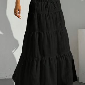 TEMU 우아한 블랙 플리츠 드로스트링 허리 밴드 플레어 스커트 - 세탁기 사용 가능, 신축성 없는 올시즌 미디 스커트, 캐주얼 & 포멀룩에 어울리는 귀여운 스커트, 비침 방지 원단