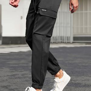 TEMU 1pc 남성용 캐주얼 카고 조깅, 단색 폴리에스테르 스포츠 바지, 드로스트링 허리, 다중 포켓 디자인, 스트레치되지 않는 직조 소재, 올 시즌 스트리트웨어
