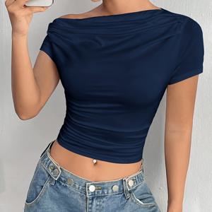 TEMU 여성용 비대칭 오프숄더/보트넥 숏 티셔츠 - 반투명 블라우스, 숏 기장, 단색 탑, 봄/가을 레이어링, 세탁기 사용 가능 & 적당한 신축성 - 우아한 캐주얼부터 드레시한 스타일까지