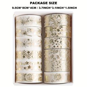 TEMU 12개 골든 호일 플로랄 와시 테이프 세트 - 스크랩북, 선물 포장 및 공예용 장식용 접착 스티커, 스크랩북 스티커