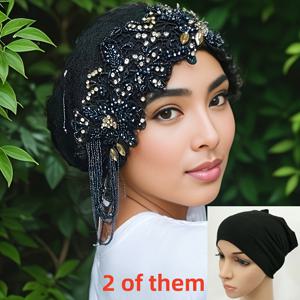 TEMU 여성용 우아한 아랍 헤드스카프 히잡 - 베이지/블랙, 조절 가능한 탄력 밴드, 라마단용 통기성 무슬림 베일, 일상 및 특별 행사용 중동 이슬람 머리커버, 비즈 장식, 레이스 오버레이, 수제 엘레강스, 모던 패션, 원단, 종교 의류