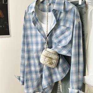 TEMU 여성용 프렌치 스타일 우아한 블루 체크 셔츠 - 칼라 루즈핏 롱라인 버튼 블라우스, 사계절 전문가 & 캐주얼 착용 가능 (논스트레치) - 프렌치 스타일 여성용