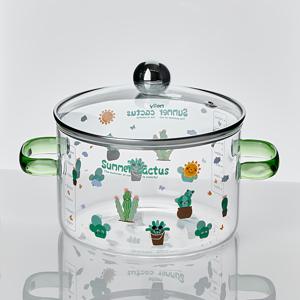 TEMU 내구성 있는 고급 보로실리케이트 유리 요리 냄비, 투명한 녹색 손잡이 - 내열성 및 세척 용이, 우유, 국수, 수프에 적합 | 여름 선인장 디자인 | 가정 및 레스토랑 사용에 완벽 | 훌륭한 선물 아이디어