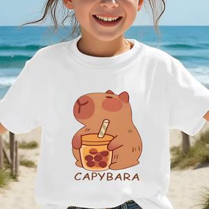 TEMU 청소년용 카피바 & 꽃무늬 티셔츠 - 부드러운 스트레치 폴리에스터, 짧은 소매 라운드 넥 탑, 여름 야외 활동에 완벽, 캐주얼한 플레이웨어, 재미있는 청소년 디자인, 편안한 청소년 의류